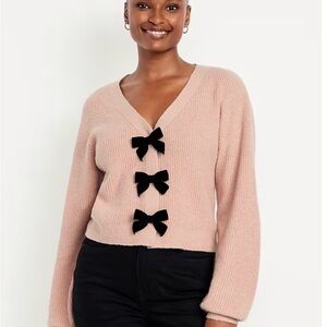 Old Navy SoSoft V-Neck Bow-Front Cropped Cardigan Sweater Powder Pink